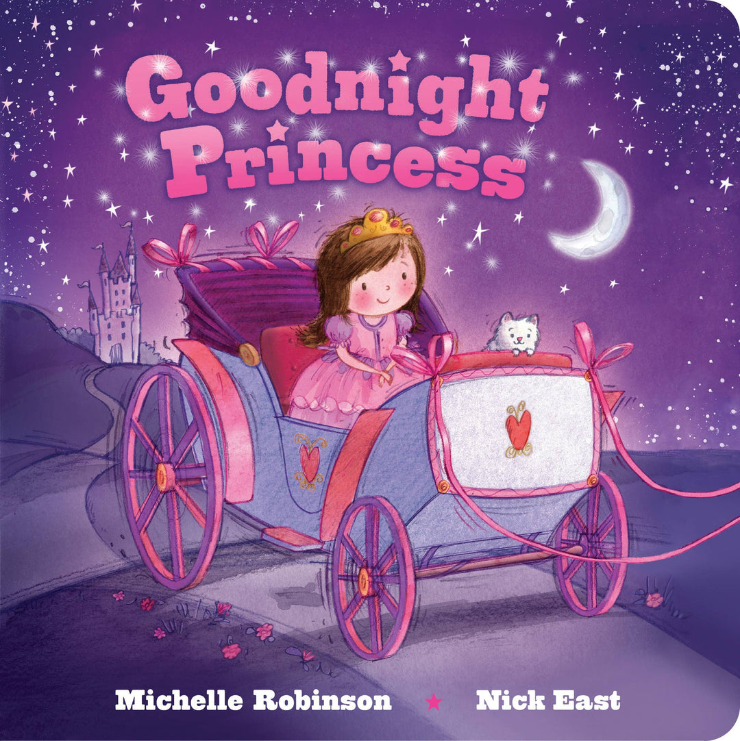 A smiling princess in a pink dress and crown rides a purple-blue carriage with her white cat under a crescent moon, with a castle behind. The cover of Goodnight Princess by Sourcebooks is perfect for toddler bedtime.