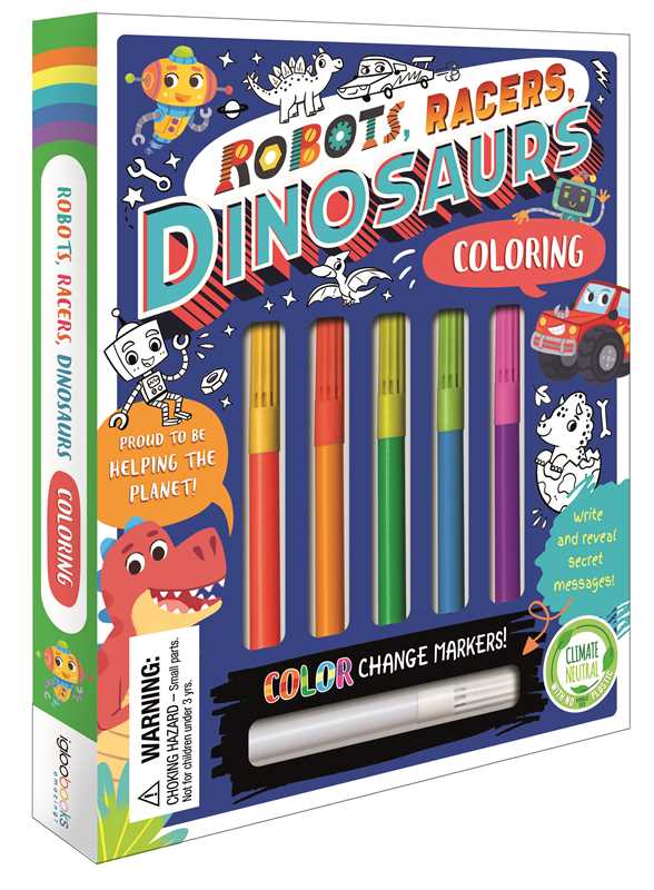 Robots, Racers, Dinosaurs Coloring Set by IglooBooks from Simon &amp; Schuster includes six vibrant markers and a special color-changing marker displayed on the cover. Featuring playful illustrations of cartoon robots, cars, and dinosaurs, this exciting coloring set reveals secret messages while promoting climate neutrality.
