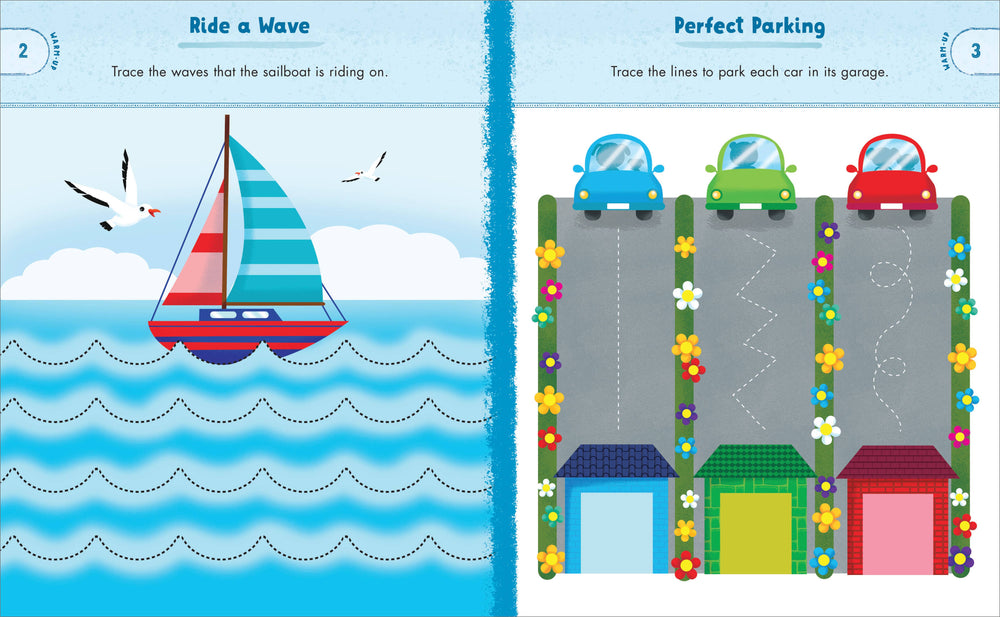 A sailboat glides over wavy blue water while seagulls soar above, and on the right, three cars travel along dashed lines toward bright garages surrounded by cheerful flowers—just like the fun scenes found in the Sourcebooks Preschool Activity Book Trucks, Cars, and Airplanes, an engaging preschool activity book for kids ages 3-5.