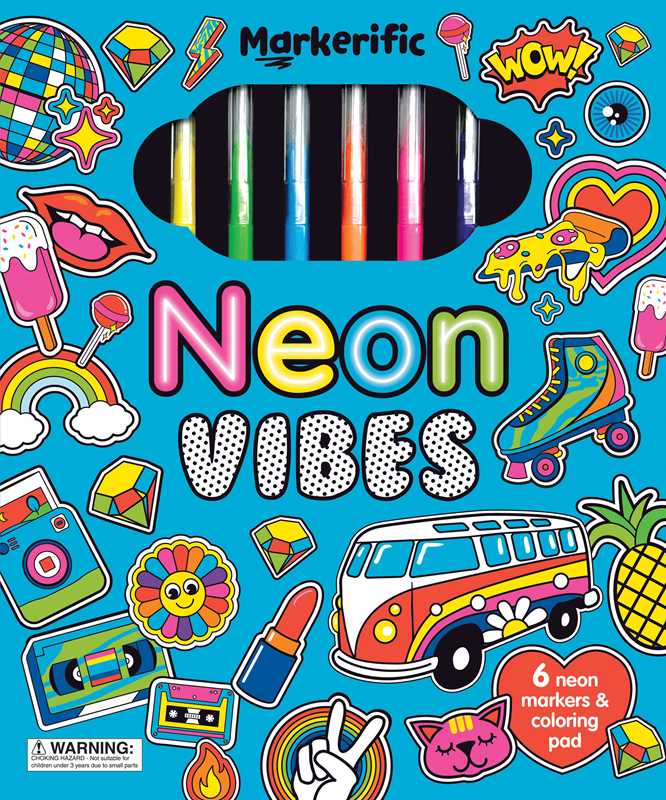 The Markerific: Neon Vibes by Simon &amp; Schuster packaging showcases lively doodles such as a van, pineapple, and rainbow alongside five visible neon markers. The kids’ activity folder displays the text: “6 neon markers &amp; coloring pad.”.
