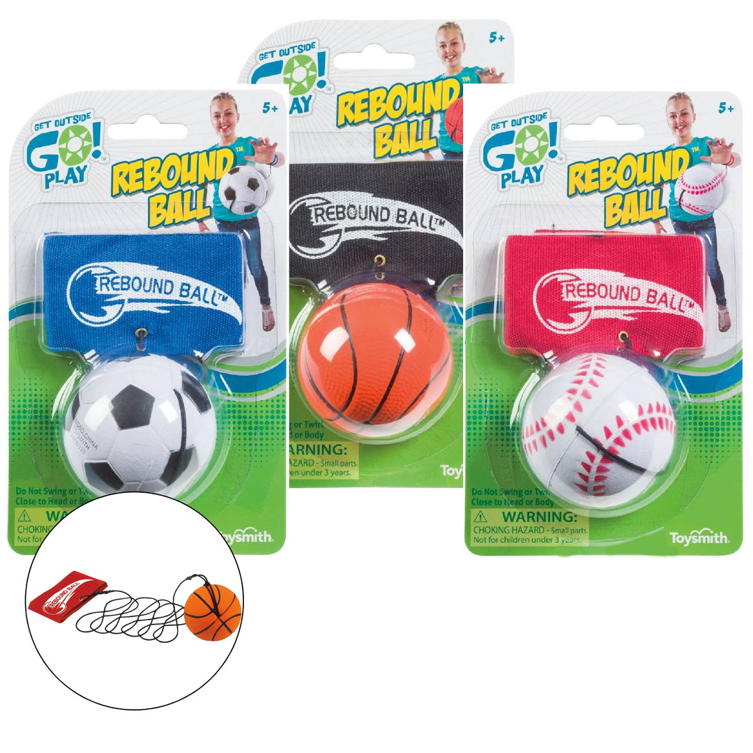Three Toysmith Get Outside GO!™ Rebound Ball toys in packaging, featuring soccer, basketball, and baseball designs with matching wristbands. An inset shows how the stretchable cord attaches the ball to the wristband for outdoor play.