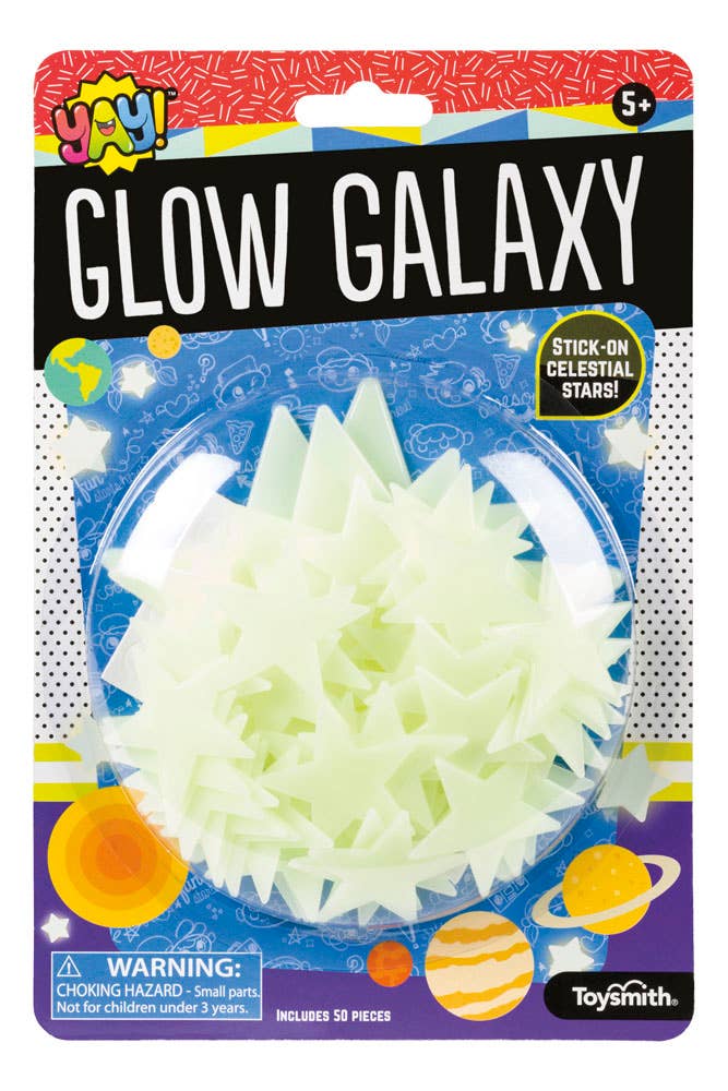 Yay! Glow Galaxy by Toysmith features adhesive glow-in-the-dark star wall stickers in colorful, space-themed packaging with a small parts warning. Recommended for ages 5 and up.