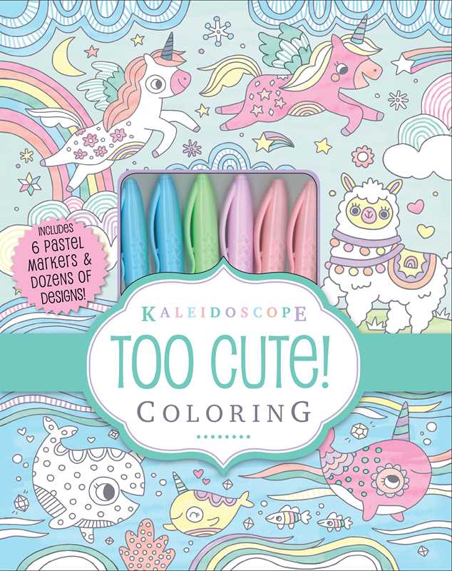 Kaleidoscope: Too Cute! Coloring by Simon &amp; Schuster features a charming cover adorned with pastel markers, unicorns, a llama, a narwhal, and other adorable fantasy creatures. The text on the cover reads “Too Cute! Coloring” and “Includes 6 pastel markers &amp; dozens of designs!”—making it the perfect gift for artists who love whimsical doodles.