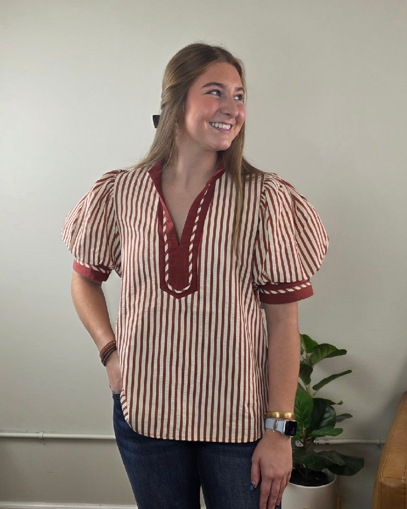 Brittany V neck Puff Sleeve Stripe Blouse