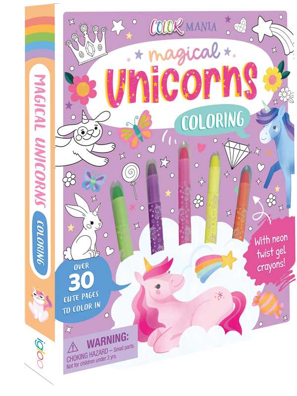 Packaged in a colorful box, the Magical Unicorns Coloring by IglooBooks from Simon &amp; Schuster features enchanting unicorns, sparkling stars, shimmering rainbows, and comes with five bright neon twist-up crayons. With over 30 magical coloring pages included, this unicorn coloring book also displays a warning for small parts.