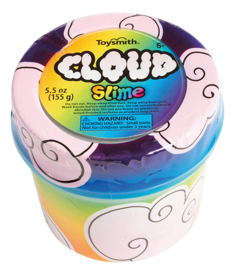 A vibrant Toysmith Cloud Slime, Assorted Colors, 5.5 oz (155 g), features white cloud accents and a rainbow gradient—ideal as a party favor or fidget toy. Choking hazard warning is printed at the bottom.