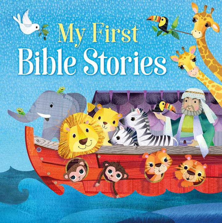 Featuring charming illustrations of Noah’s Ark with animals such as a giraffe, elephant, lion, zebra, and a man, the cover of My First Bible Stories by IglooBooks (published by Simon &amp; Schuster) welcomes young readers to the world of Bible stories. The text “My First Bible Stories” highlights this delightful children’s book, while a white dove carrying a leaf soars above the ark sailing on blue waves—a perfect introduction to classic Bible tales for kids.
