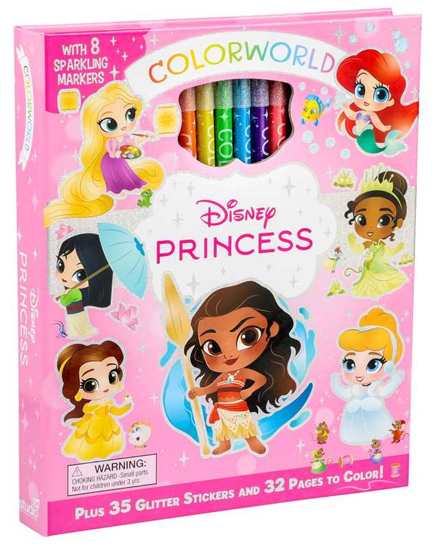 The Colorworld: Disney Princess coloring kit by Simon &amp; Schuster includes 8 sparkling metallic markers and comes in a pink box decorated with cartoon versions of princesses such as Ariel, Moana, Belle, Rapunzel, and Cinderella. It also features 35 glitter stickers and 32 coloring pages.