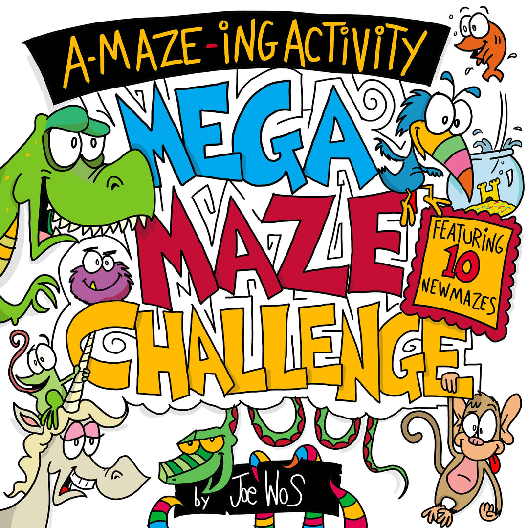 Sure! Here’s a rewritten version using your product data: Bright and colorful cover featuring cartoon dinosaurs, a monkey, a unicorn, and a snake surrounding the playful title “A-MAZE-ING Activity: Mega Maze Challenge” by Sourcebooks. Bold text announces “Featuring 10 new mazes,” making this the ultimate kids maze book filled with fun puzzle activities for children.
