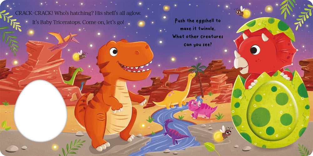 In Dinosaur Adventure by IglooBooks from Simon & Schuster, a cheerful baby T-Rex welcomes a hatching baby Triceratops. Alongside other adorable dinosaurs and buzzing insects, they gather near a river aglow with gentle light beneath a star-filled sky, set against striking red rock cliffs and desert cacti in this captivating prehistoric world.