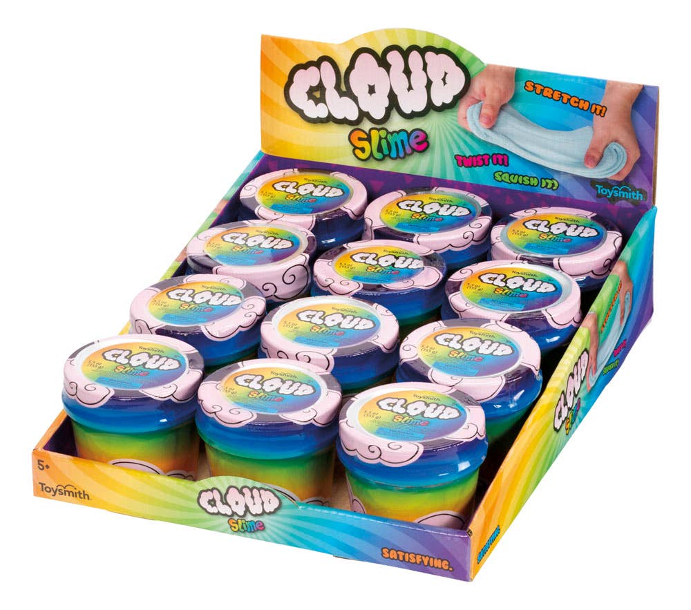 A display box holds Toysmith Cloud Slime, Assorted Colors—ideal as a party favor or fidget toy. The bright packaging showcases clouds and hands stretching vivid blue, green, and yellow slime.