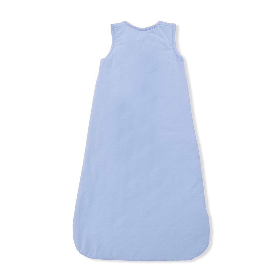 The Angel Dear Solid Blue Fog Sleep Bag is a sleeveless bamboo baby sleep sack with a rounded bottom, shown laid flat on a white background.