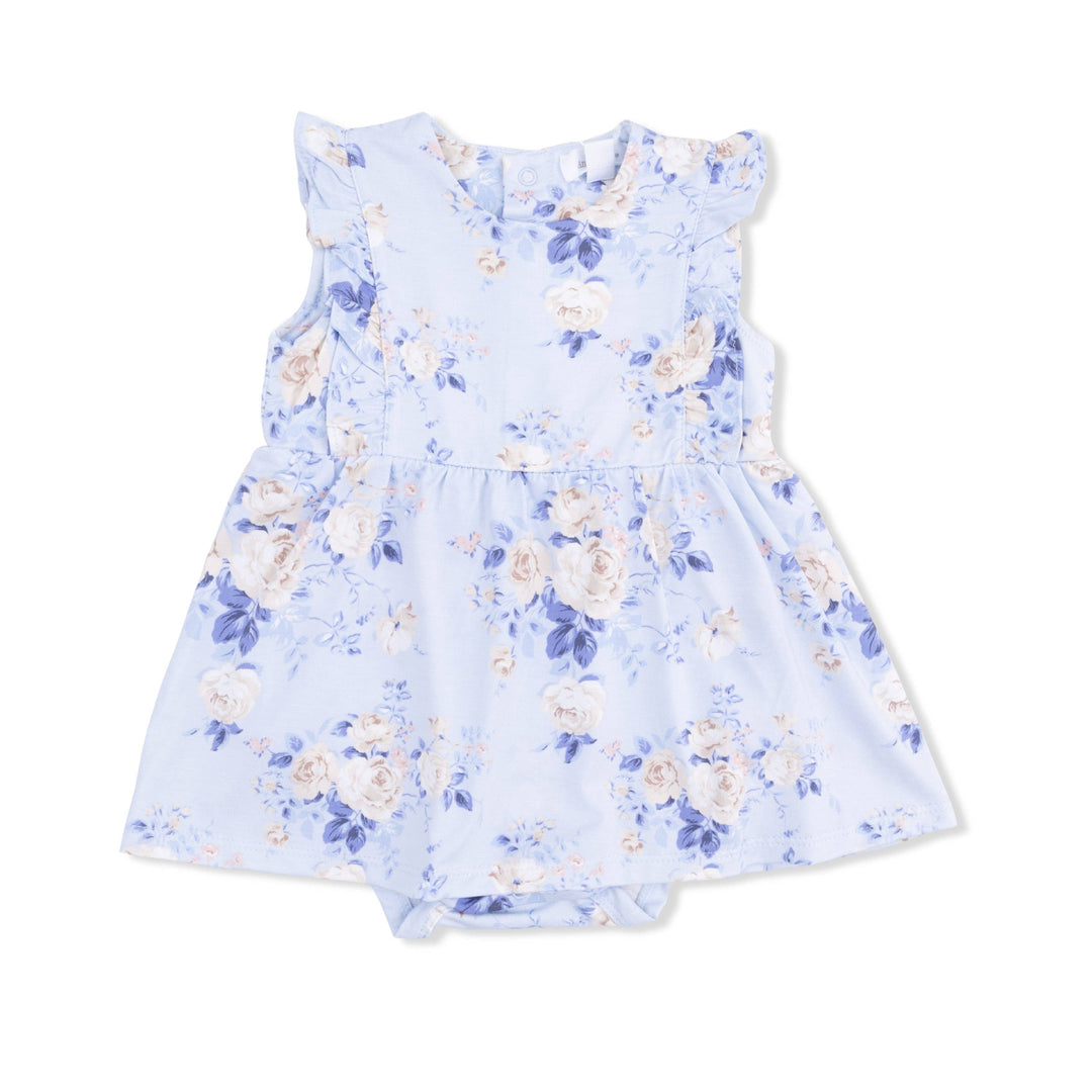The Ashley Rose Floral - Ruffle Bodysuit Dress by Angel Dear features light blue ruffled sleeves, a floral print in blue, cream, and beige, and includes an attached onesie. Displayed on a white background.
