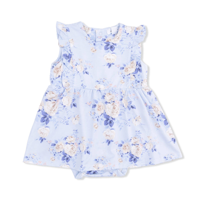 The Ashley Rose Floral - Ruffle Bodysuit Dress by Angel Dear features light blue ruffled sleeves, a floral print in blue, cream, and beige, and includes an attached onesie. Displayed on a white background.