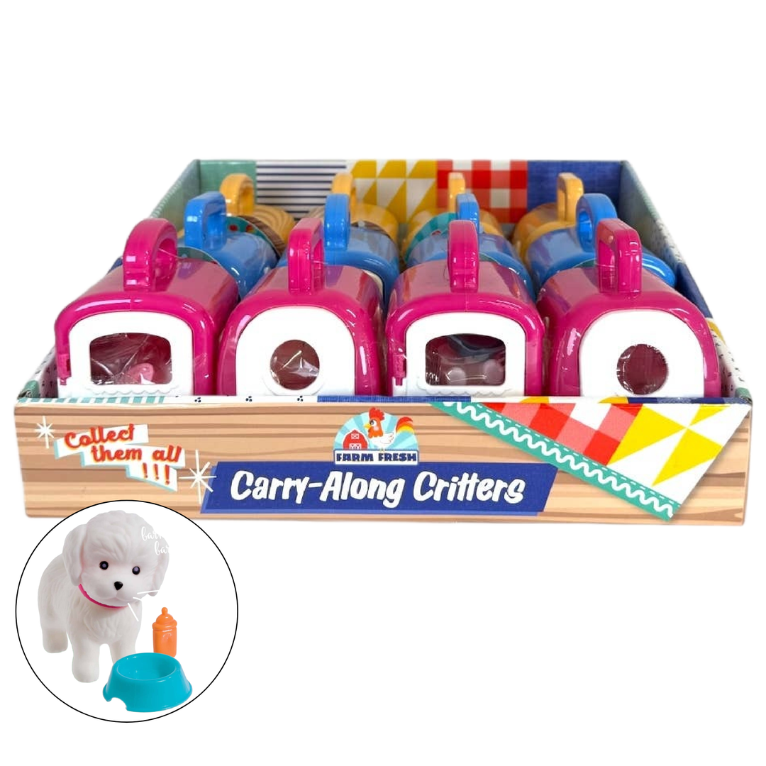 A Toysmith Farm Fresh Carry-Along Critters display box, each pet case features a handle and window. The inset reveals a white dog figurine with a blue bowl and orange bottle.