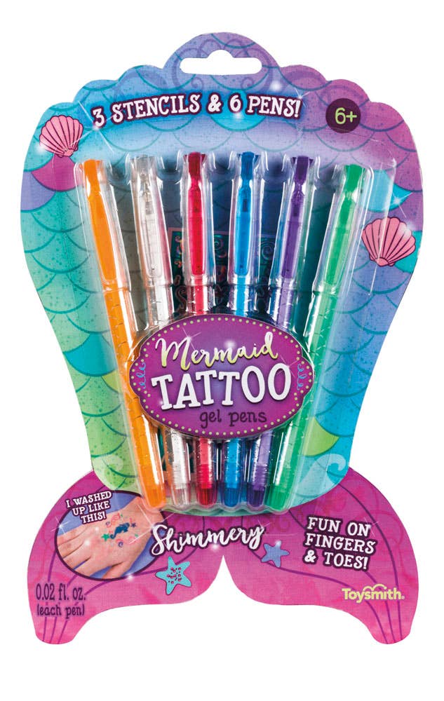 The Toysmith Mermaid Tattoo Gel Pens, Set of 6, comes in blue and purple shell-themed packaging with 3 stencils for creating shimmery mermaid tattoos on fingers and toes.