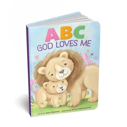 Sourcebooks' ABC God Loves Me is a vibrant alphabet board book featuring a smiling adult lion hugging a cub with hearts and flowers, perfect for inspiring children and sharing God’s love.