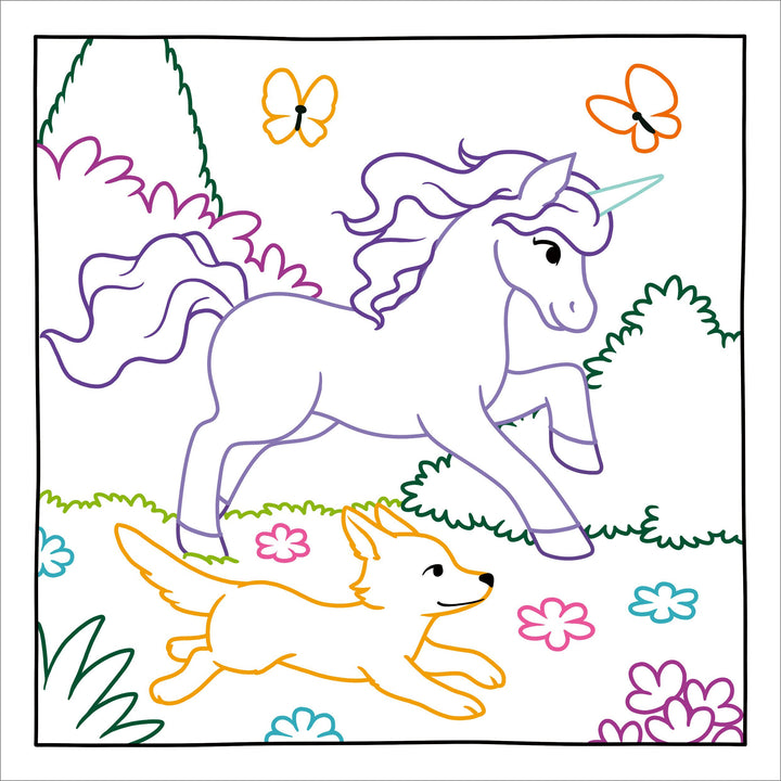 A unicorn and a dog joyfully run through a vibrant, flower-filled field with butterflies, bushes, and trees in the background—perfect for an enchanting adventure in the Magic Paper Coloring Book: Unicorns by Sourcebooks.