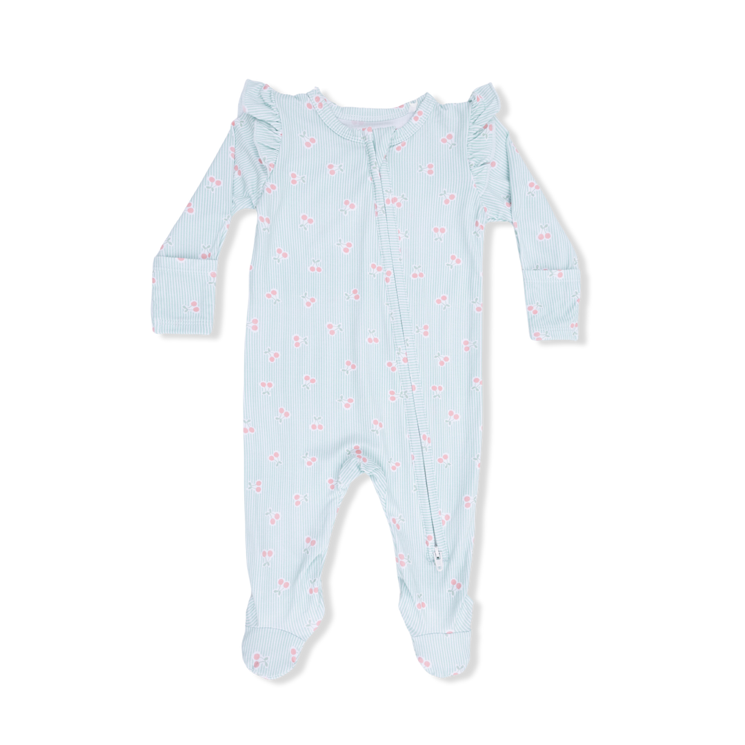 Angel Dear’s Tiny Cherry Stripe 2-Way Ruffle Sleeve Zipper Footie features a charming cherry stripe print, front zipper, ruffled shoulders, and built-in footies—perfect for cozy style on your little one. Displayed on a white background.