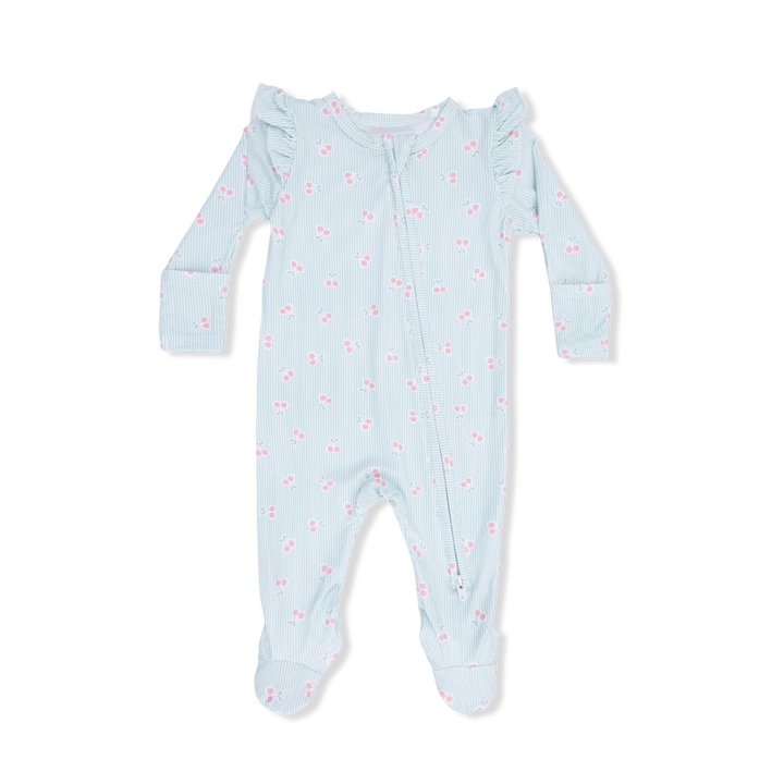 Angel Dear’s Tiny Cherry Stripe 2-Way Ruffle Sleeve Zipper Footie features a charming cherry stripe print, front zipper, ruffled shoulders, and built-in footies—perfect for cozy style on your little one. Displayed on a white background.