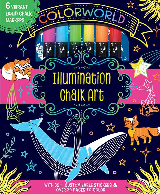 The ColorWorld: Illumination Chalk Art kit by Editors of Silver Dolphin Books, from Simon &amp; Schuster, features a box with six vibrant liquid chalk markers, playful animal illustrations including a blue whale and foxes, star motifs, and highlights about included stickers and exclusive midnight blue coloring pages—making it the perfect coloring kit for kids.