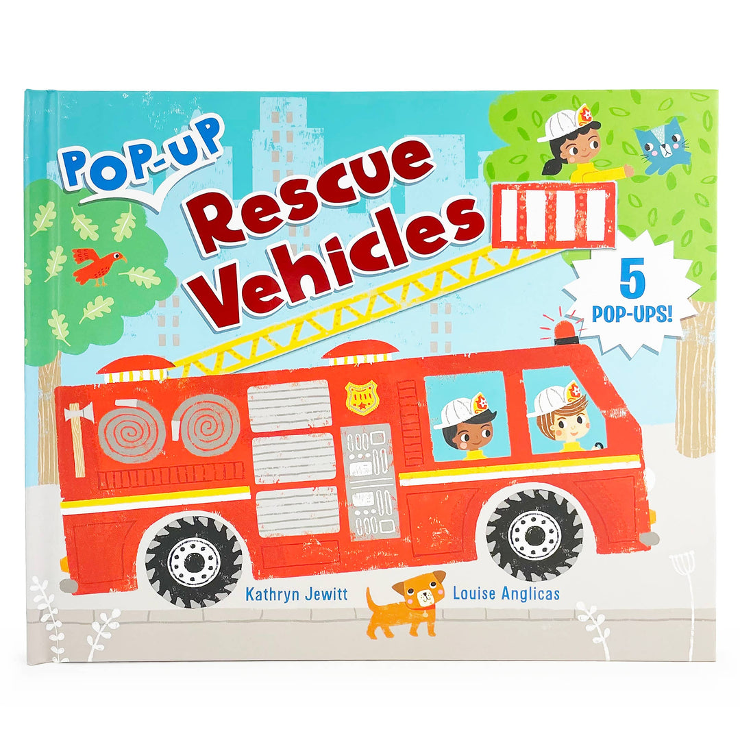 Pop-Up Rescue Vehicles Interactive Board Book by Cottage Door Press features a bright red fire truck, two firefighters, a dog, and a cat in a tree on a vibrant city background. Perfect for kids learning about vehicles! “5 pop-ups!” appears on the cover.