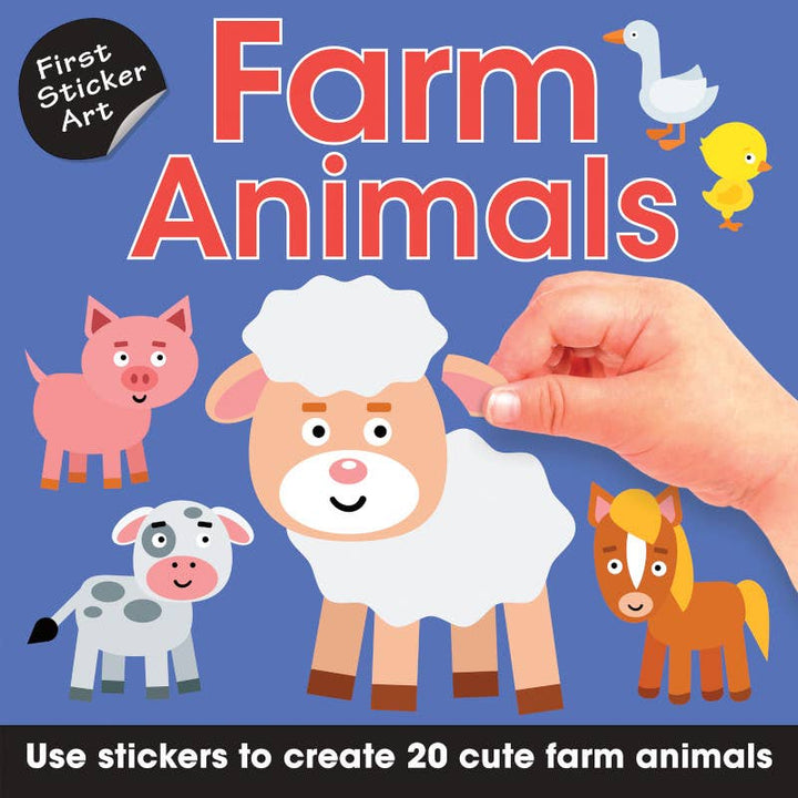 A hand places a sheep sticker on a blue background with illustrated farm animals. Text reads: First Sticker Art: Farm Animals by Sourcebooks – use stickers to create 20 cute animals in this fun activity book for kids.