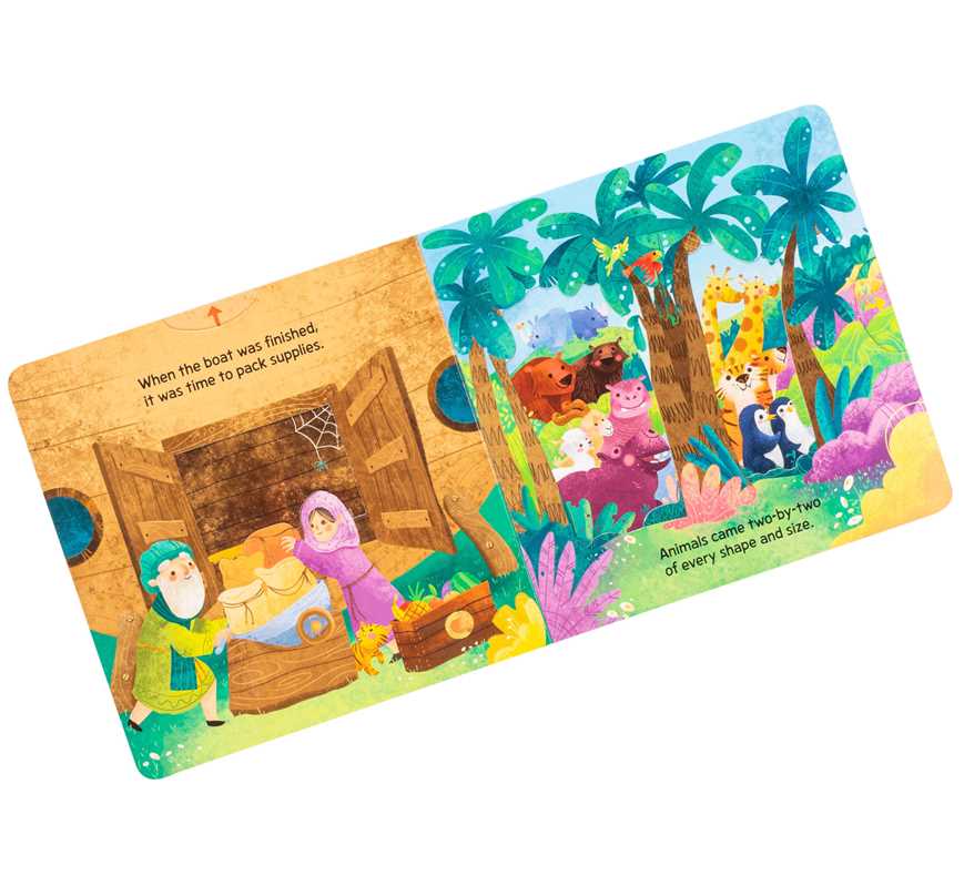 In Story of Noah by Lori C. Froeb, people load supplies onto the Ark on one page while pairs of animals gather under palm trees on the other, with text describing packing and arrivals in this charming Simon &amp; Schuster toddler board book.