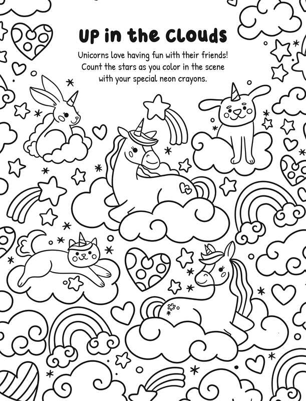 Four unicorns and a rabbit sit on clouds surrounded by stars, rainbows, and hearts. Perfect for any unicorn coloring book collection, this page from Magical Unicorns Coloring by IglooBooks (Simon &amp; Schuster) invites kids to color and count the stars using neon twist-up crayons for a glowing magical touch.