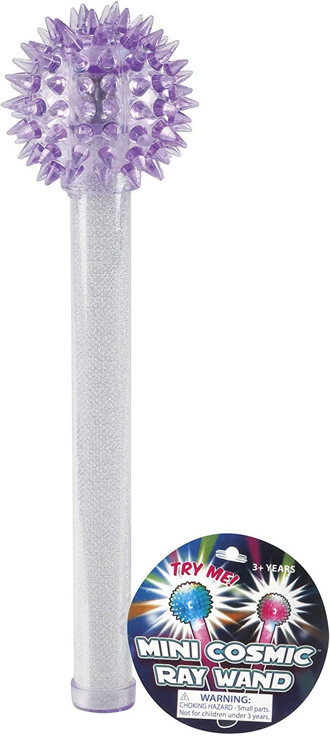 The Toysmith Mini 7" Cosmic Ray Wand features a translucent wand with a spiky purple ball, clear handle, and flashing multicolored lights. It includes soft glow effects, tactile design, a round label, and a Try Me! button at the base—perfect for parties.