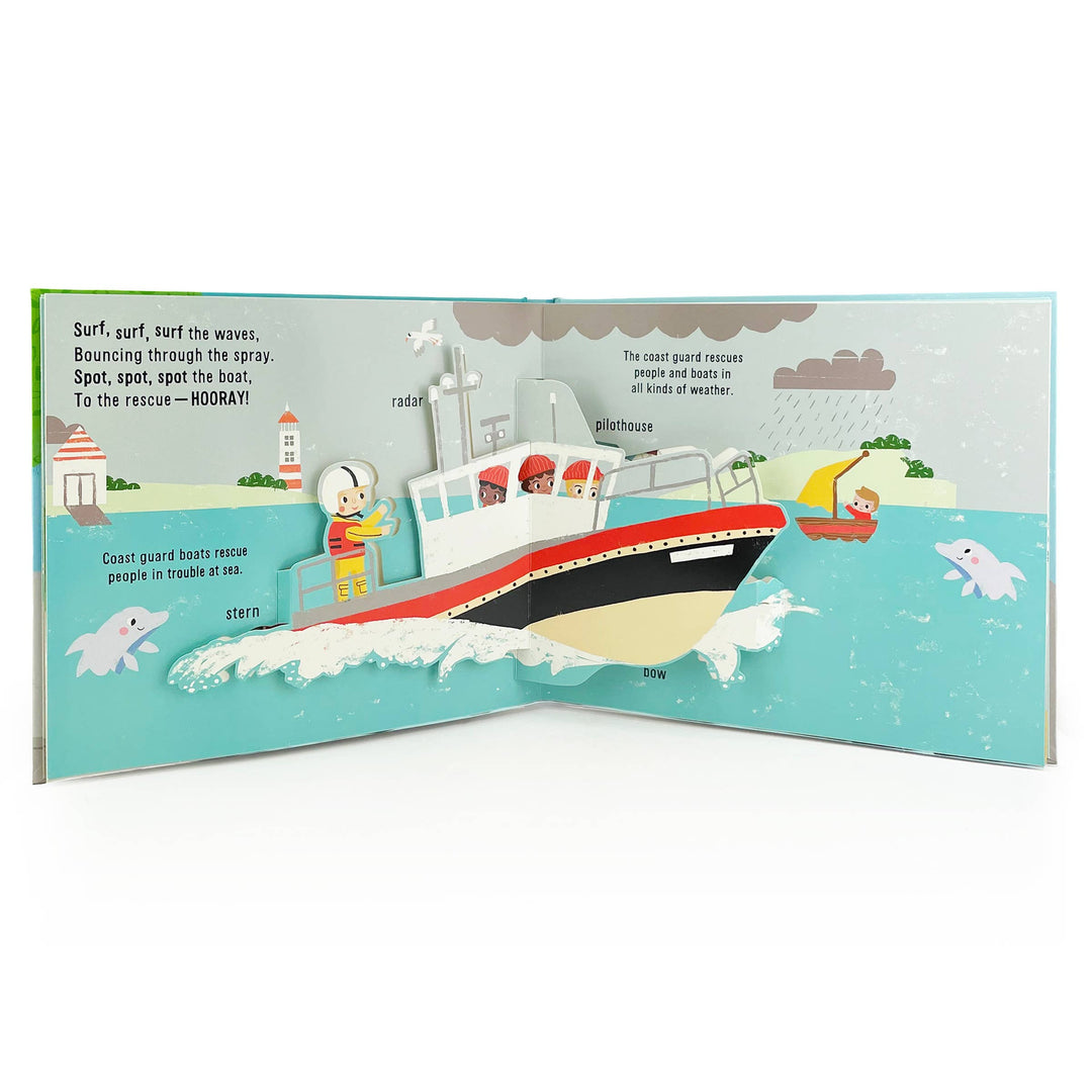The Pop-Up Rescue Vehicles Interactive Board Book by Cottage Door Press features colorful illustrations of coast guard rescues, playful animals and people, and rescue-themed rhymes—making it perfect for early learning vehicle fun.