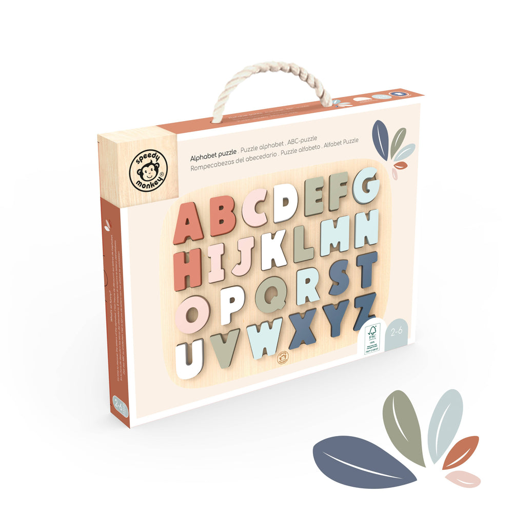 Speedy Monkey Alphabet Puzzle: A child-safe boxed wooden alphabet puzzle with colorful letters A-Z, crafted from FSC certified wood. Features a convenient carrying handle and a charming flower design on the packaging. Suitable for ages 2-6.