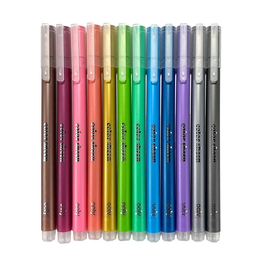 The OOLY Color Sheen Metallic Gel Pens set includes 12 colorful fine point pens.