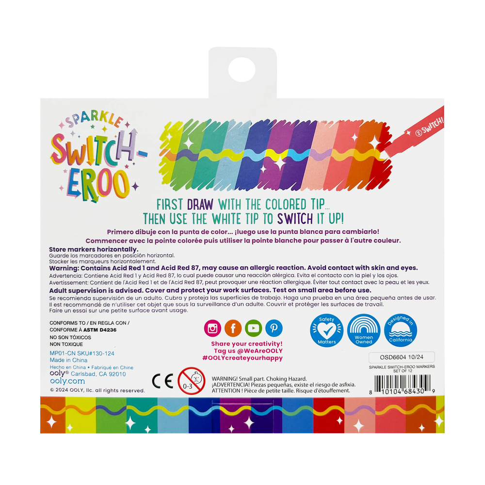 The image displays the back packaging of OOLY's Switch-Eroo Sparkle Glittery Color Changing Markers-12 pc, with vibrant branding, usage instructions, safety warnings, and social media icons on a white background.