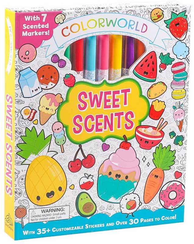 The ColorWorld: Sweet Scents coloring set by Editors of Silver Dolphin Books, from Simon &amp; Schuster, includes 7 scented markers, over 35 stickers, and adorable fruit and dessert illustrations. The box is decorated with cheerful images such as a pineapple, cupcake, cherries, and watermelon.