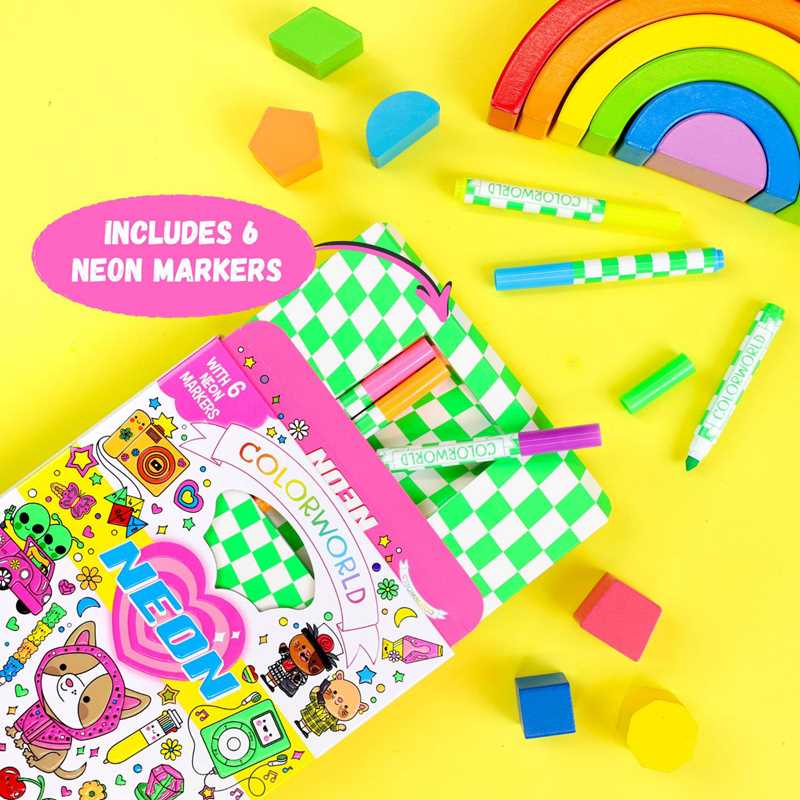A vibrant set of six mess-free ColorWorld: Neon markers by Editors of Silver Dolphin Books from Simon &amp; Schuster is displayed in an illustrated box on a yellow surface, accompanied by toy blocks and a wooden rainbow. Text reads, Includes 6 neon markers.