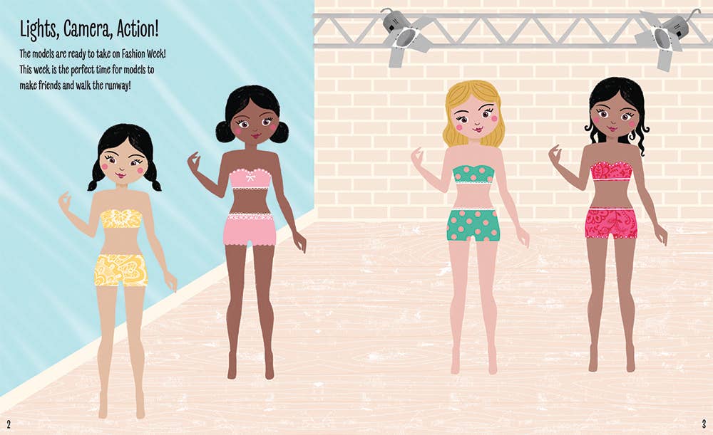 Four illustrated female fashionistas with varied skin tones and hair colors model patterned underwear on a runway under bright spotlights. Text on the left reads “Lights, Camera, Action!” and describes Fashion Week. From Sourcebooks’ My Sticker Dress-Up: Fashionista, this scene is ideal for a sticker dress-up activity book that celebrates diversity and creativity in high fashion.