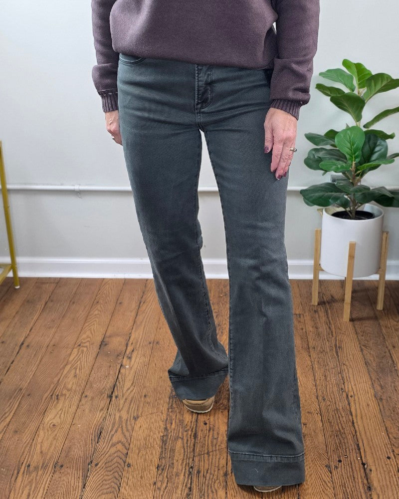 Jessica High Rise, Olive Flares from Risen with Tummy Control featuring a high-rise waist, olive hue, and wide hem.