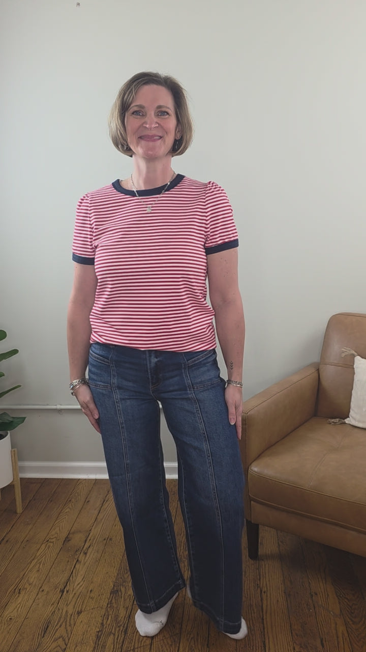 Martha Color Trimmed, Short Sleeve, Striped Top