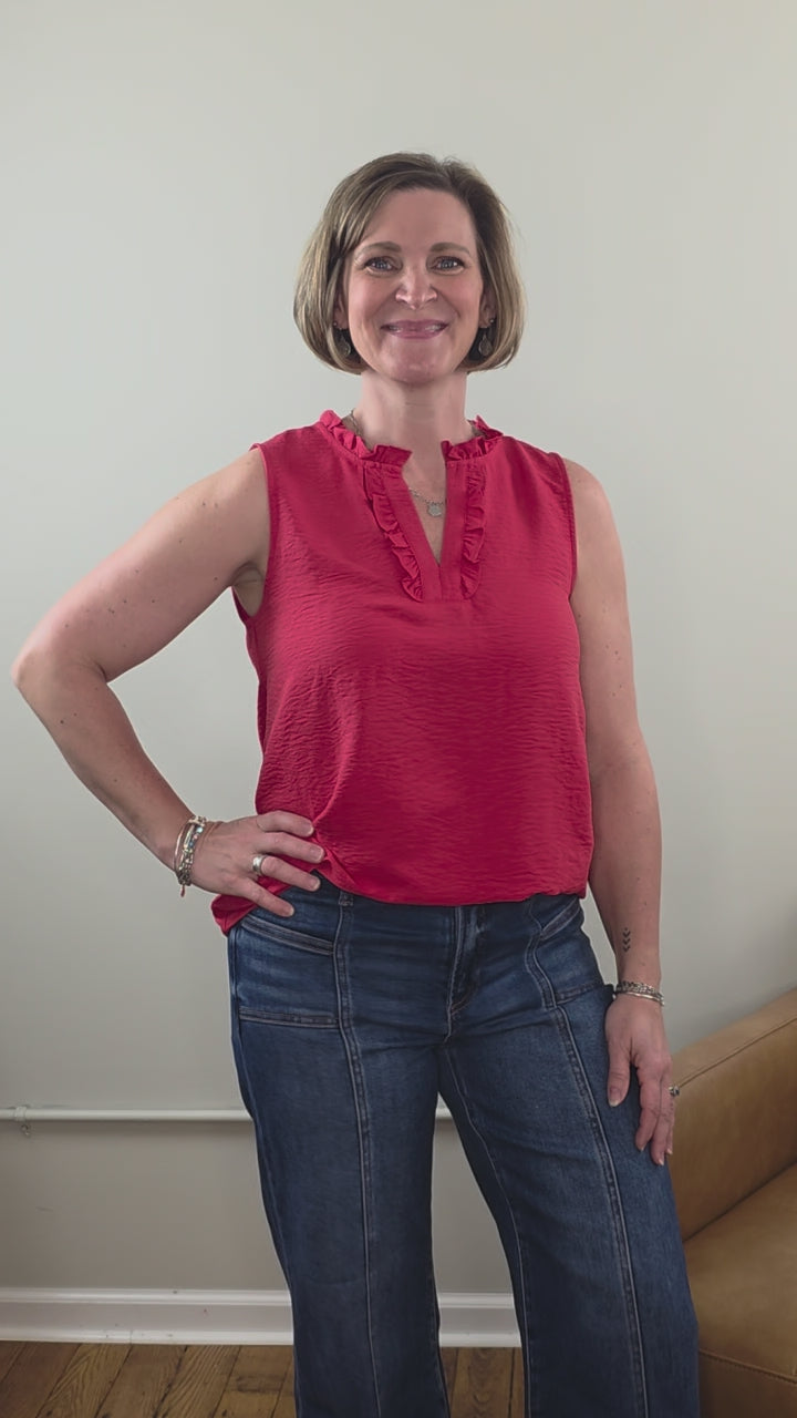 Lincoln Ruffled V-Neck Sleeveless Top