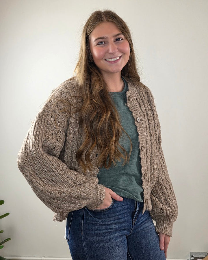 Rosa Eyelet Cable Knit Scalloped Trim Cardigan