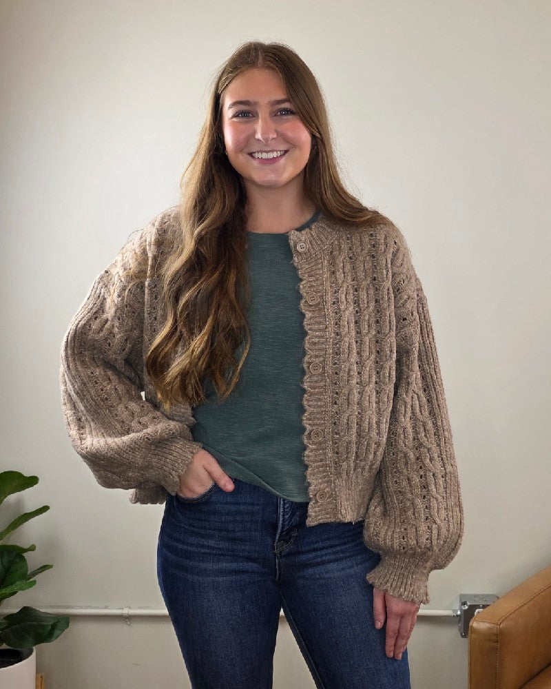 Rosa Eyelet Cable Knit Scalloped Trim Cardigan