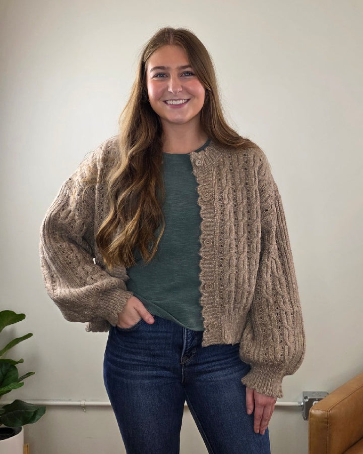 Rosa Eyelet Cable Knit Scalloped Trim Cardigan